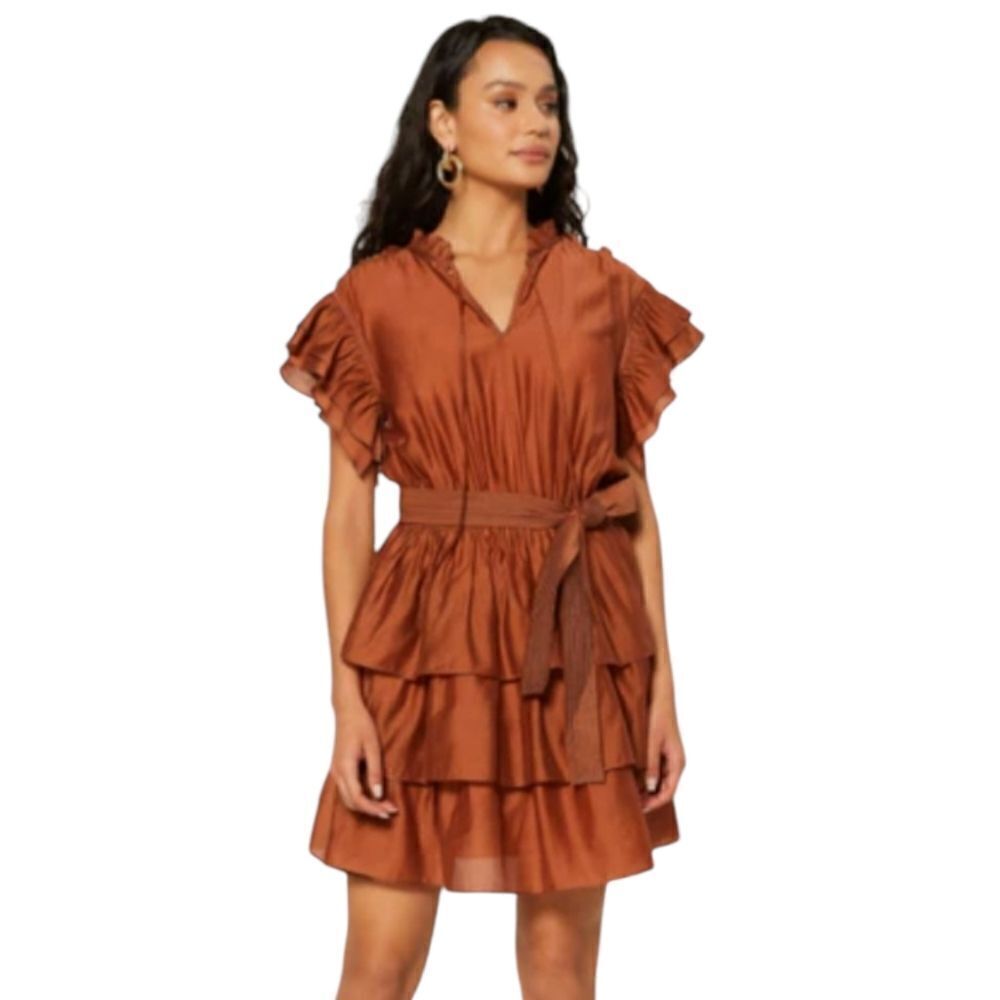 Current Air Flutter Sleeve Tiered Mini Dress Bronze BrownβBelted